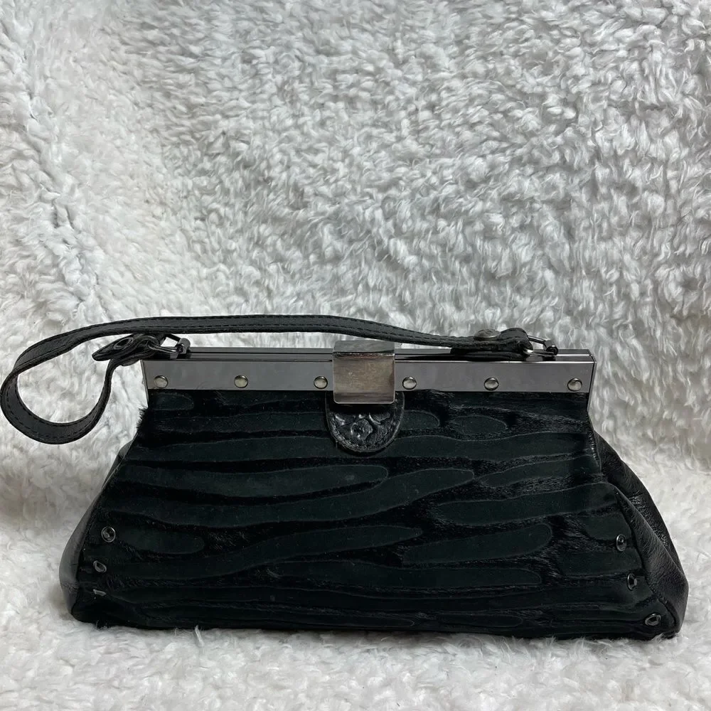 Patricia Nash Black leather & calf hair zebra Stripes silver tone frame Satchel